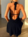 Purpdrank  New Draped Sexy Backless Halter Mini Dress Women's Elegant See Through Deep V Neck Holiday Beach Female Dress