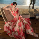 Purpdrank  Super Fairy Large Swing Atmosphere Pink Rose Flower Retro Square Neck Strap Long Dress Design Sense Beach Vacation Dress