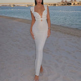Purpdrank  Party Dress Women Summer Solid Color Deep V Neck Ruffle Sleeve Backless Knitted Bodycon Dresses Sexy Cocktail Dresses