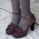 Purpdrank  Women Pumps Flock Round Toe Chunky High Heels Bownot Plus Size 41 42 43 30 31 Party Female Shoes Summer