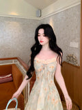 Purpdrank  Summer Floral Printed Long Dress Women Patchwork Lace Chiffon Fairy Dress Casual Gold Stamping Bow Tie Suspender Dress