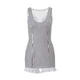 Purpdrank  y2k 2 Piece Set Women Summer Stripe Print Sleeveless Lace Trim V Neck Mini Bodycon Dress with Shorts 2000s Streetwear