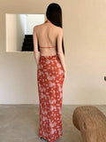 Purpdrank  Ladies Floral Printed Vintage Cowl Neck Maxi Dress Backless Slim Fit Long Red Vestidos Robe Female Elegant Party Clothing Summer