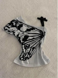 Purpdrank  Women's T-shirt Off Shoulder Harajuku Butterfly Print Y2k Graphic Short Sleeve Tee Top Fashion Vintage Streetwear T-shirts 2025