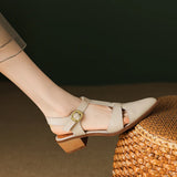 Purpdrank  New Women Sandals Pointed Toe Thick Heels Genuine Leather Pumps Office Spring Summer Fashion Concise Slingbacks Shoes Woman