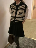 Purpdrank  Korean Ins Vintage O Neck Single breasted Sleeveless Jacquard Patchwork Loose Knitted Sweater Vest