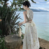 Purpdrank  Summer New Fairy Style Sweet Pure Slim Fit Slimming White Printed Embroidered Strap Dress for Women