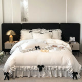 Purpdrank  Korean Style Lace Ruffles Princess Bedding Set, Duvet Cover, Bed Skirt, Fitted Sheet, Flat Sheet, Pillowcases, Black Bow, White