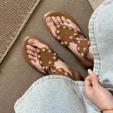 Purpdrank   Women's Black Cow Suede Low Heel Sandal Summer Fashion Studded Decor Thong Sandals Ankle Strap Slip-On Summer Beach Shoes