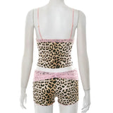 Purpdrank  Sexy Leopard Two Piece Women Sweet Lace Short Sets Summer Fashion Spaghetti Straps Cropped Top and Micro Shorts Outfits Y2K