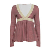 Purpdrank  Autumn Sweet Lace Patchwork V Neck Long Sleeve Slim Striped T-Shirts