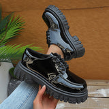 Purpdrank  Black Patent Leather Platform Loafers Women 2025 Autumn Thick Bottom Pu Leather Shoes Woman Plus Size Lace Up Student Shoes 42