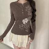 Purpdrank  Basic Floral Ribbed T-Shirt Casual O-Neck Long Sleeve Tees Women Autumn Spring Fashion Streetwear Ladies Layering Tops Y2K