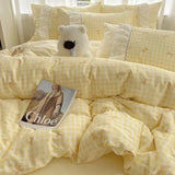 Purpdrank  Fashion Lattice Bedding Set Bed Sheet Cute Princess AB Double Sided Ruffle Flower Quilt Cover Pillowcase Bedclothes Home Textile