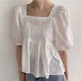 Purpdrank  Summer Cotton Puff Sleeve Women's T-shirts 2025 New Square Collar Backless Hollow Out Casual Loose Shirts Tops Female