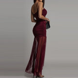 Purpdrank  Sexy Off Shoulder Irregular Sling Dress Women Elegant Sleeveless Hight Waist Long Dress Fashion Mesh Splicing Solid Party Dress
