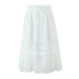 Purpdrank   Holiday White Spliced Lace Semi Sheer Long Skirt Women Bow Lacing up Elastic Waist See Through A-lined Midi Skirts Boho