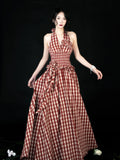 Purpdrank  Vintage Plaid Long Dress Women Vacation Beach Sexy Halter Floral Maxi Dresses Summer Korean Backless Bodycon Vestidos New