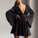 Purpdrank  New Fashion Deep V Pleated Solid Color Dress Lady Sexy Backless Lace Up Mini Dress French Satin Flared Sleeve Waist A-line Dress