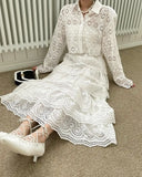 Purpdrank  Luxury Women's Blouse Set and Skirt Flower Hollow Hook Lace Shirt+High Waist Cake Skirt Set New Collection White Dress Set