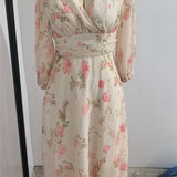 Purpdrank  Spring Long-sleeved High Waist Maxi Dress Women Sexy V Neck Floral Print Long Dress Summer Loose Boho Holiday Dress Vestido