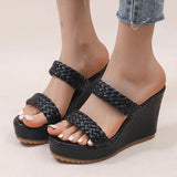 Purpdrank  Women's Retro Thick Bottom High Heel Sandals Woven Patent Leather Wedge Sandal Female Office Ladies Non Slip Black Slides Mujer