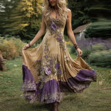Purpdrank  Sexy Hollow Deep V Neck Bohemian Vacation Dress Spring Retro Flower Print Swing Woman Dresses Summer Sleeveless Strap Maxi Dress