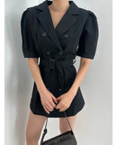 Purpdrank  Summer Vintage Double Breasted Women's Short Blazer Dresses Sashes 2025 New Short Sleeve Casual Loose Mini Dress Female