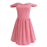 Purpdrank  Holiday Plaid Print Off Shoulder Mini Dress Retro Women Short Sleeve Low Waist Ruched Hem Ball Gown Swing Mini Robe Party