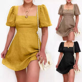 Purpdrank  Hot Sale Of The Season Spring Cotton Lin Mini Dress Street Style Comfortable Casual Pure Color Square Collar Lantern Sleeve