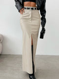 Purpdrank  Sexy Split PU Faux Leather Retro Long Skirts For Women 2025 Spring Fashion Solid High Waisted Office Straight Skirt Female Y2K