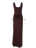 Purpdrank  Elegant U-Neck Sleeveless Bodycon Long Dress Women's Solid Color Ribbon Tie-up Ruched Slim Maxi Dress for Date Night Party