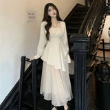 Purpdrank  Pure Desire Wind Set Autumn New Style Square Collar Irregular Belly Covering Top Mesh Half Skirt Two Piece Set Women's Wear