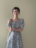 Purpdrank  French Print Dress Women's Summer Waist Square Neck Dress