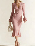 Purpdrank  Elegant V-neck Button Fishtail Dress Casual Flared Sleeve Hight Waist Slim Long Dress Women Fashion Commute Solid Party Dresses