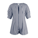 Purpdrank  Summer New Womens Fashionable Deep V-neck Tie Up Short Sleeved Striped Printed Jumpsuit Shorts Loose Casual Wide Leg Capris