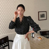 Purpdrank  Polka Dots Women's Blouse Spring Elegant Lace Patchwork Long Sleeve Single Breasted Korean Blouses Female
