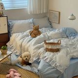 Purpdrank  INS Style Blue Stripes Ruffles Patchwork Bedding Set Single Queen Size 100% Cotton Duvet Cover Flat/Fitted Bed Sheet Pillowcases