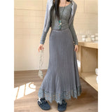 Purpdrank  Elegant Knitted Midi Skirt Women Fashion Lace Patchwork Black Pleated Skirts Winter Ladies Korean High Waist A Line Faldas New
