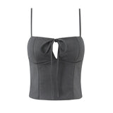 Purpdrank  Sexy Lacing up Bow Collar Camisole Tank Top +  Side Zipper Low Waist Wood ears Front A-lined Short Skirt 2 Pieces 1 Set Coffee