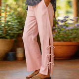 Purpdrank  Casual Linen Cotton Trousers Elastic Waist Side Split Tie Design Loose Pants