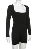 Purpdrank  Women's Casual Jumpsuit Solid Color Long Sleeve Bodysuit Square Neck Slim Stretch Romper with Shorts Trendy Y2K Outfits