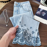 Purpdrank  Fashion Diamonds Rivet Jeans for Women Trendy Hollow Out Embroidery Flared Denim Pants Ankle-length Blue Jeans Slim Trousers