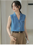 Purpdrank  Blue Denim Suit Collar Vest For Women'S Summer Lightweight Cotton Retro Versatile Commuting Sleeveless Shirt