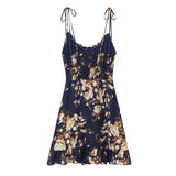 Purpdrank  Summer Holiday Navy Blue Floral Print Bow Lacing Up Strap Sling Dress Women Elastic Back Ruffles Hem Short Dresses Vestidos Robe