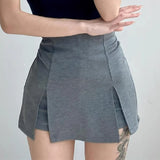 Purpdrank  Women High Waist Front Slit Mini Skirt American Vintage All-match Package Hips Pleated Skirts Side Zipper With Shorts Underwear