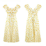 Purpdrank  French Floral Dress Female Summer Slim Square Collar Temperament Ruffled Long Skirt