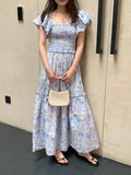 Purpdrank  Summer Bohemian Floral Printed Women's Dress 2025 Flying Sleeve Square Collar Casual Loose Umbrella Long Dress Female