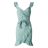 Purpdrank  Plaid Lace Up Bodycon Dress Women Ruffles Summer Dress Off Shoulder V Neck Backless Irregular Bow Tie Dresses