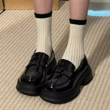 Purpdrank  Women's Retro British Style Black Leather Shoes 34-46 Large Size Uniform Single Shoes Thick Bottom Flat Heels round Toe